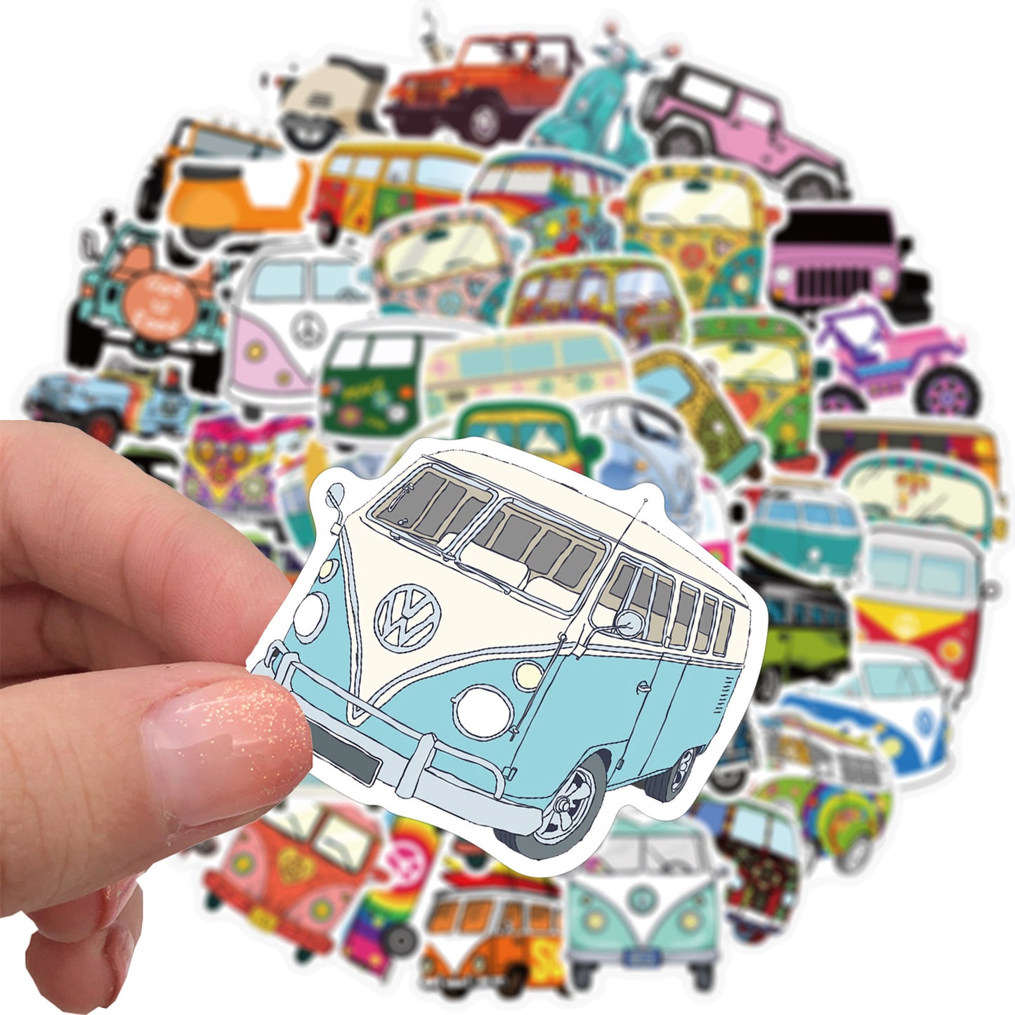🌼 50 Hippie Style Graffiti Sticker Pack | VW Bus, Scooters, Jeeps, Peace Vibes