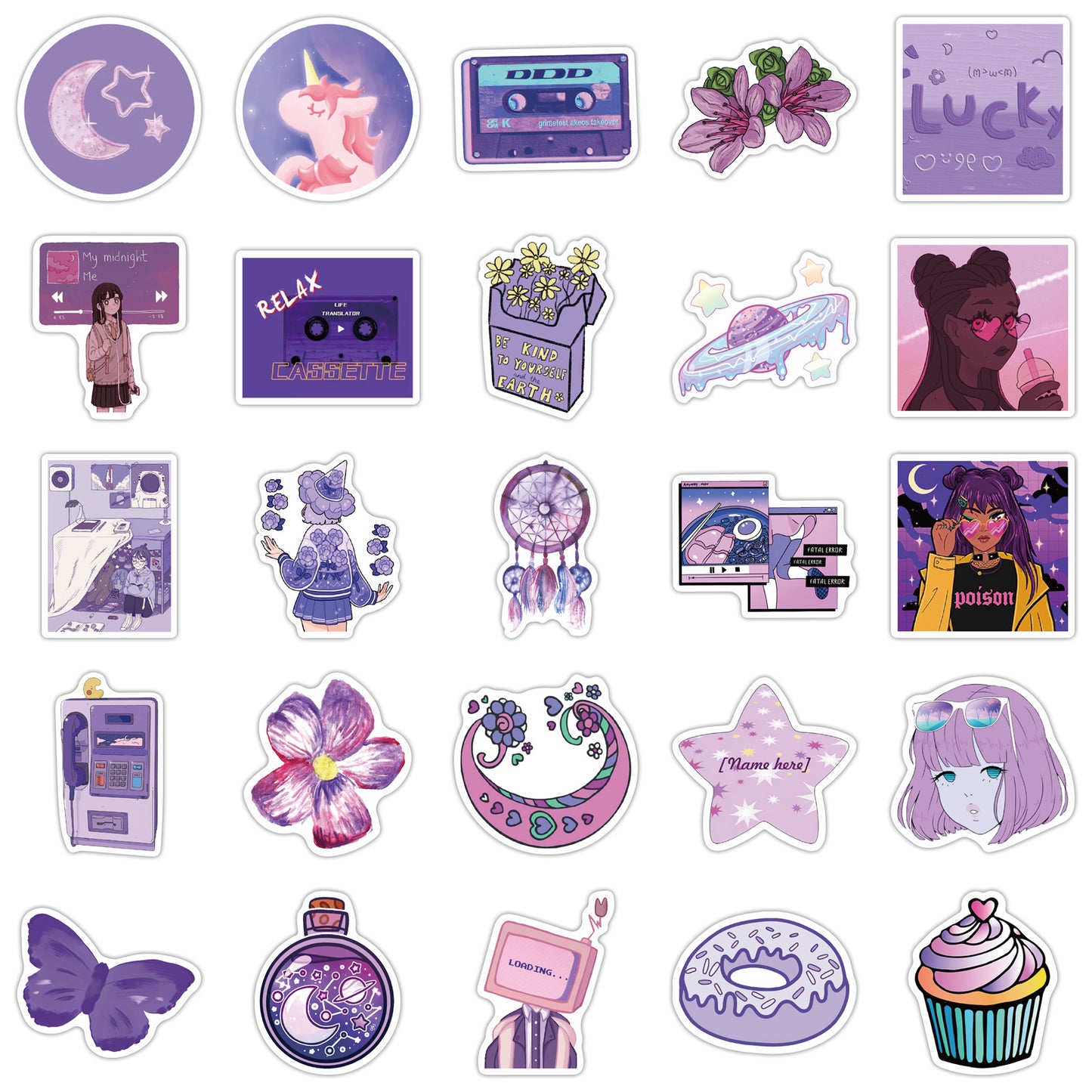 🌸 50 Girly Purple Hues Sticker Pack | Floral, Moon, and Butterfly Decals