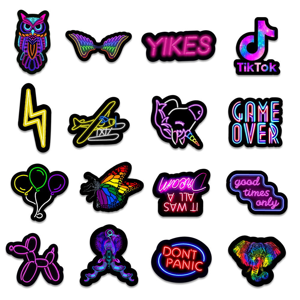 🌟 50 Vibrant Neon Sticker Collection | Balloon Dogs, TikTok, Unicorns, Pizza, and More!