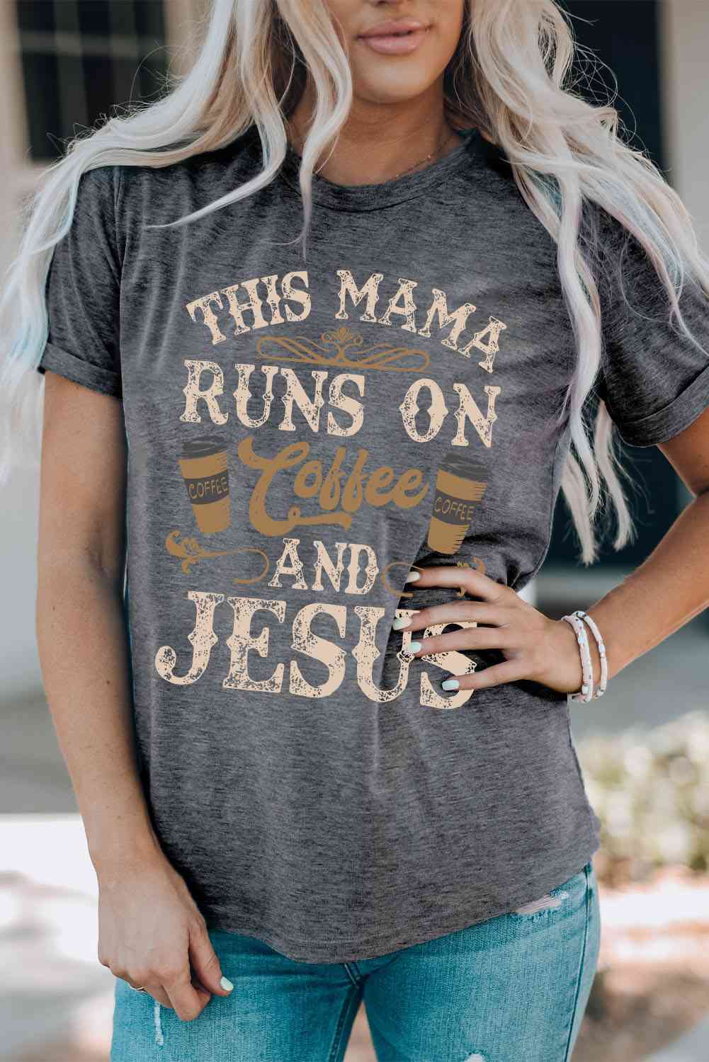 THIS MAMA RUNS ON COFFEE AND JESUS Tee - Fuel Your Day with Faith, Laughter, and ☕