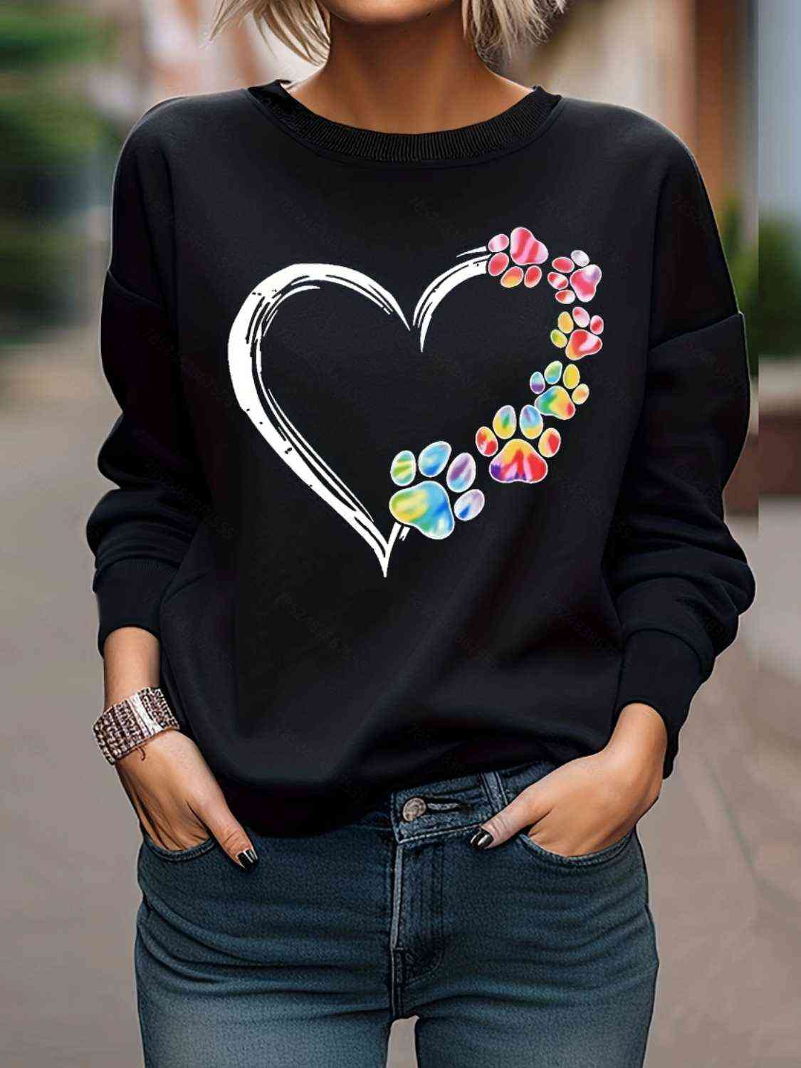 Multi-Color Paw Print Heart Graphic Sweatshirt