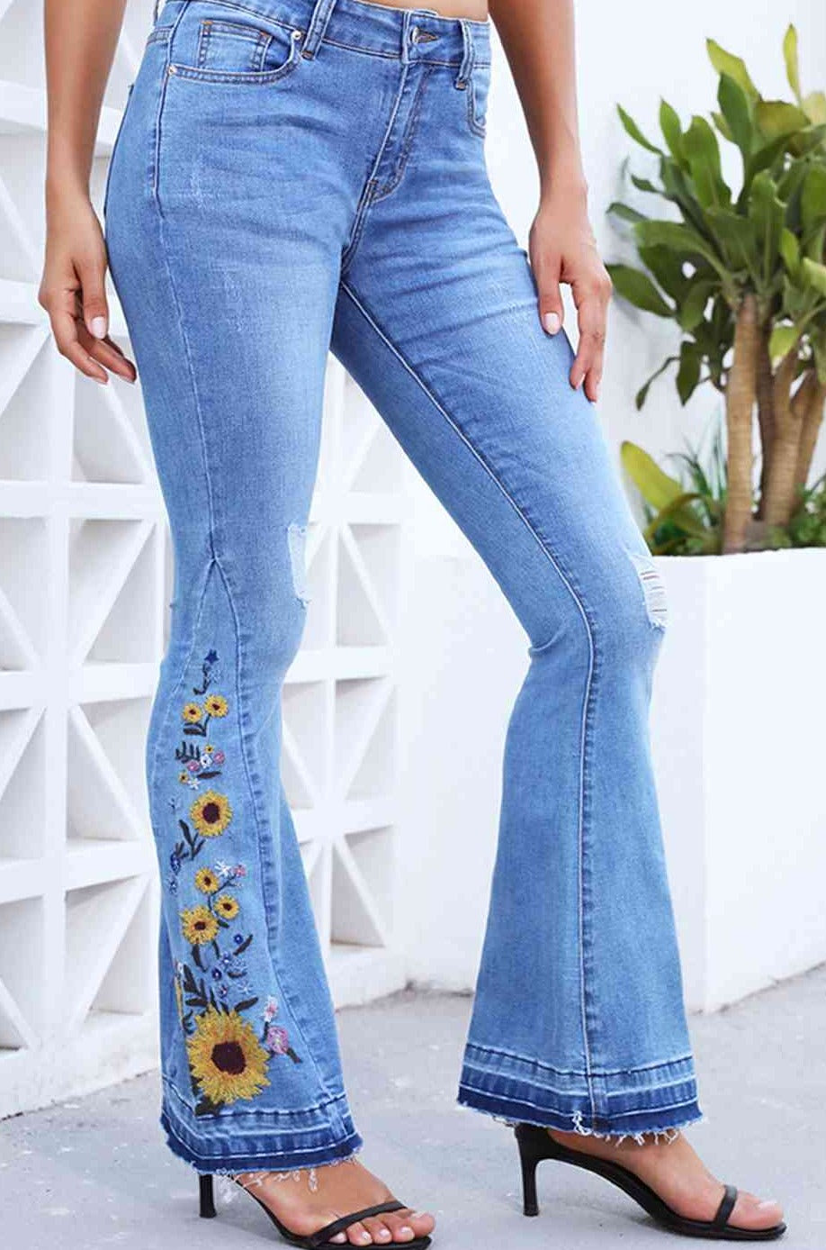 Full Size Flower Embroidery Distressed Wide Leg Jeans