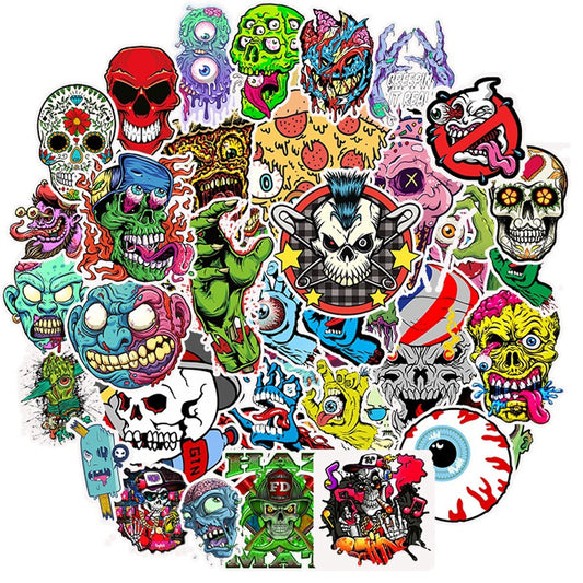 💀 50 Skull and Horror Graffiti Sticker Bundle | Cartoon Skeleton Decals