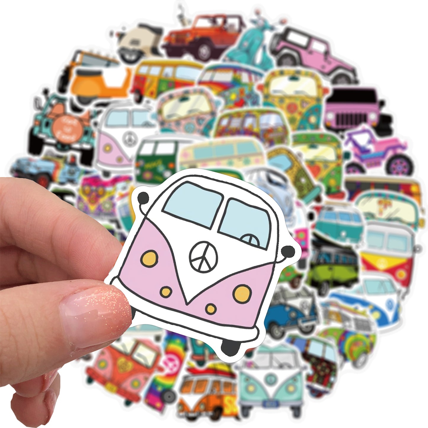 🌼 50 Hippie Style Graffiti Sticker Pack | VW Bus, Scooters, Jeeps, Peace Vibes