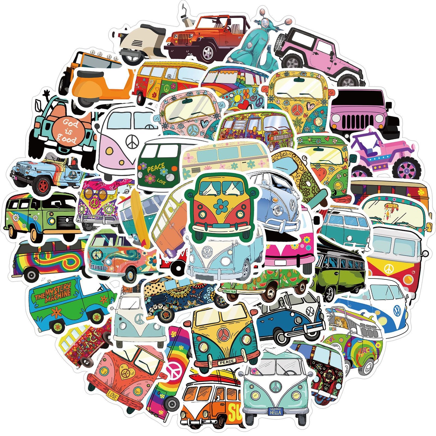 🌼 50 Hippie Style Graffiti Sticker Pack | VW Bus, Scooters, Jeeps, Peace Vibes