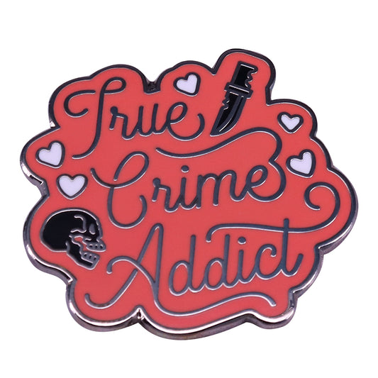 💀 True Crime Addict Enamel Pin | Pink with Silver Skull, Knife, and Hearts