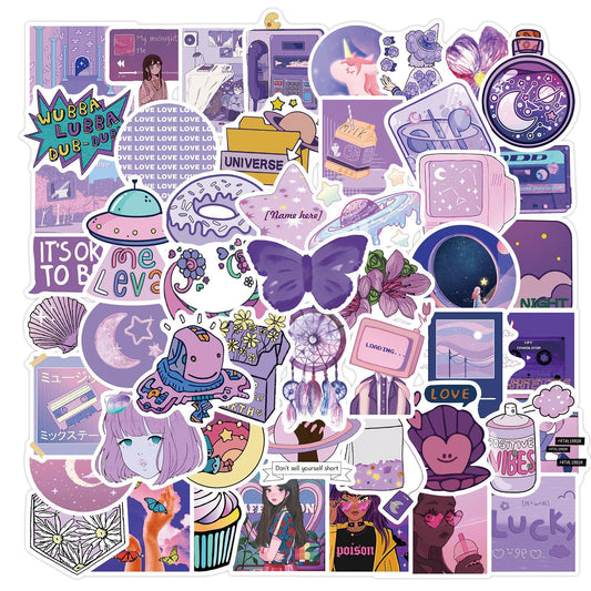 🌸 50 Girly Purple Hues Sticker Pack | Floral, Moon, and Butterfly Decals