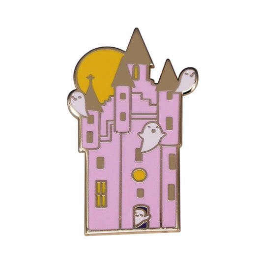 👻 Pink Ghostly Castle Enamel Pin | Magical Haunted Mansion with Yellow Moon | Fantasy Inspired