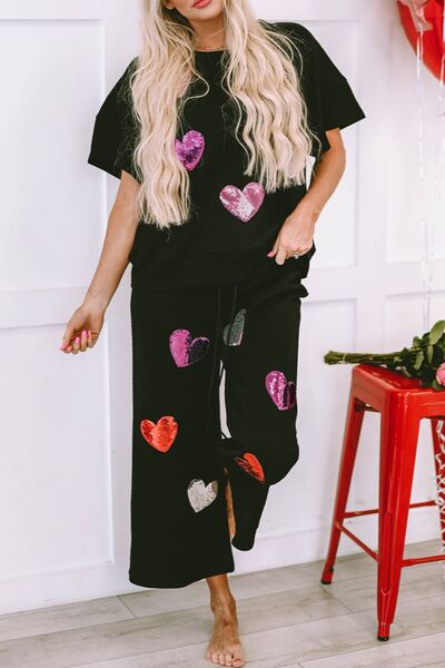 Heart Sequin Short Sleeve Top and Drawstring Pants PJ set