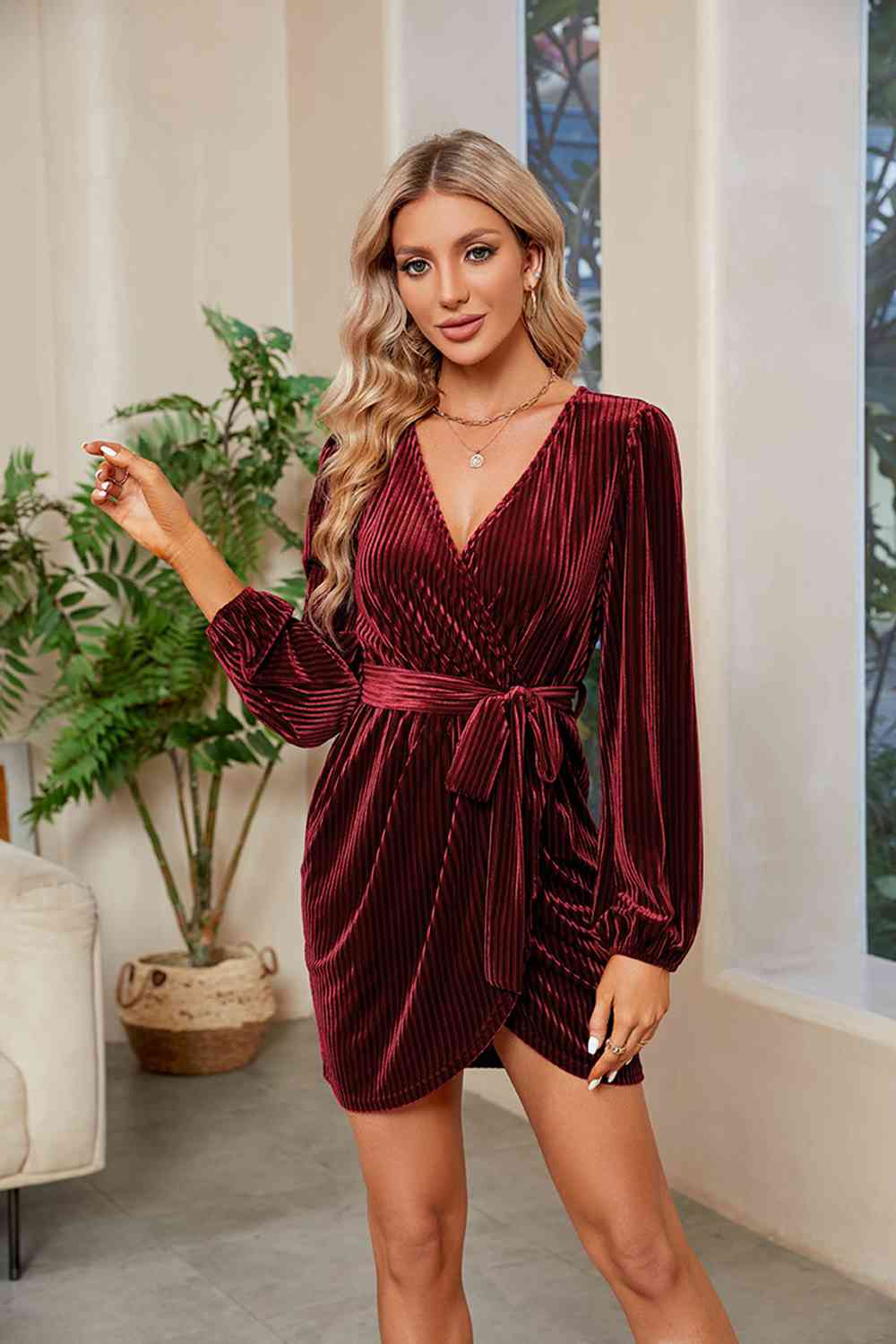 Ribbed Tie Front Mini Dress/ Robe