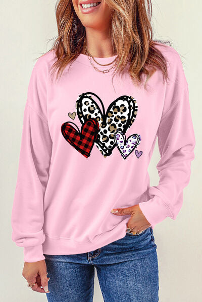 Pink 3 Heart Sweatshirt Plaid and Chaeta Print