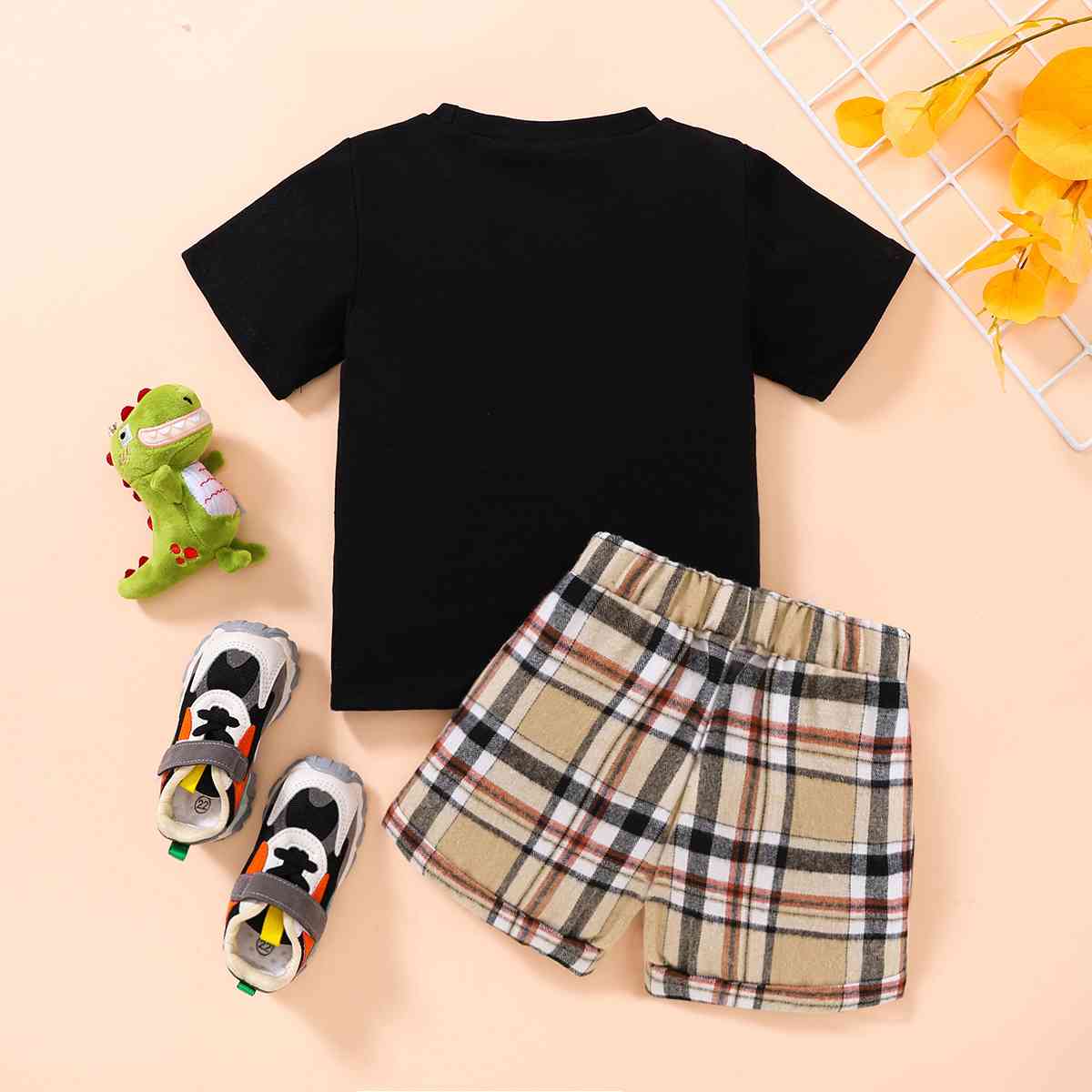 Kids Dinosaur Graphic Tee and Plaid Shorts Set