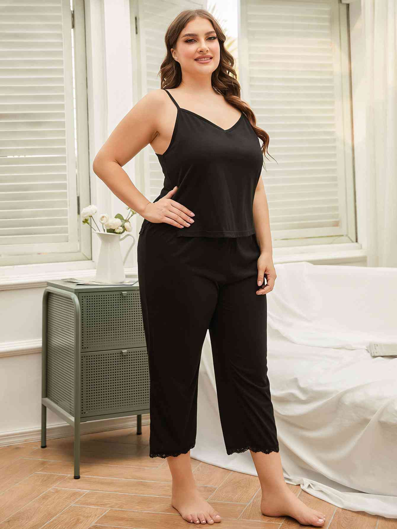 Plus Size Lace Trim Slit Cami and Pants Pajama Set