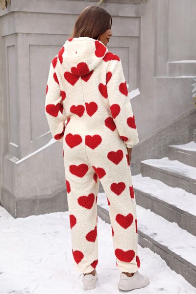 Fuzzy Heart Zip Up Hooded Onesie PJ's