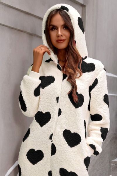 Fuzzy Heart Zip Up Hooded Onesie PJ's