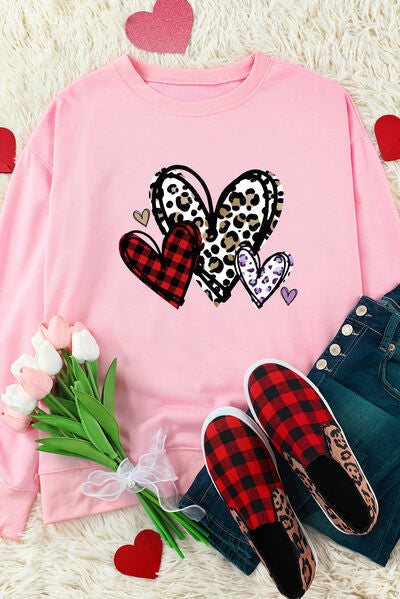 Pink 3 Heart Sweatshirt Plaid and Chaeta Print