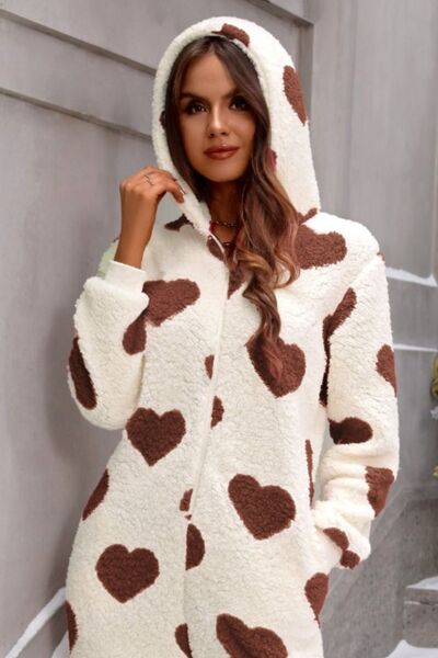 Fuzzy Heart Zip Up Hooded Onesie PJ's