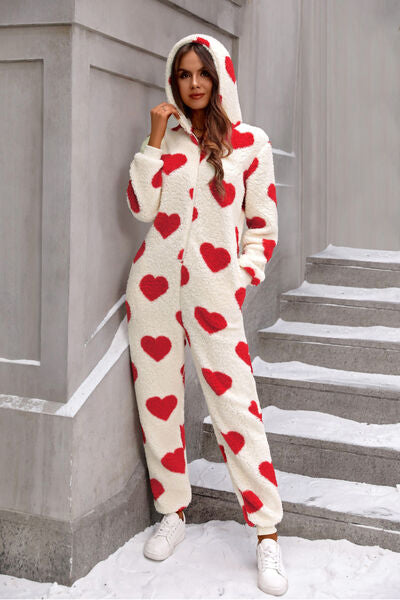 Fuzzy Heart Zip Up Hooded Onesie PJ's