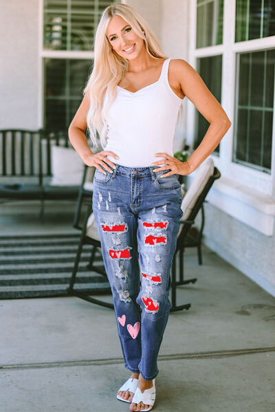 Rebel Love Heart Patch Distressed Jeans