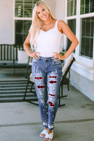 Plaid Snow Graphic Distressed Jeans