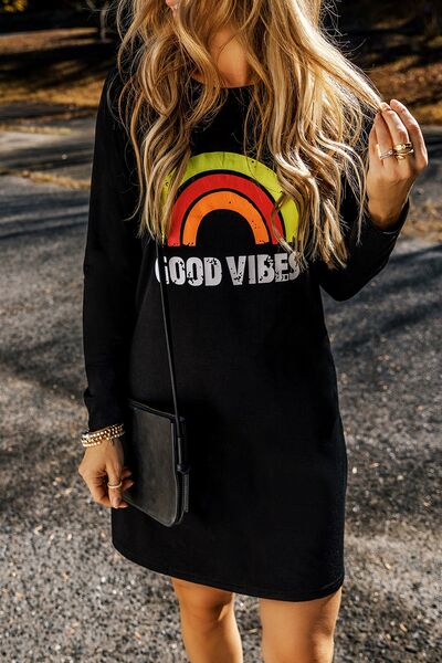 GOOD VIBES Round Neck Long Sleeve Dress