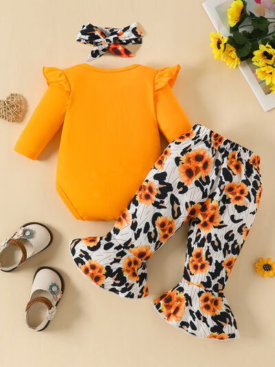 Letter Graphic Long Sleeve Bodysuit and Bow Leopard Pants Set