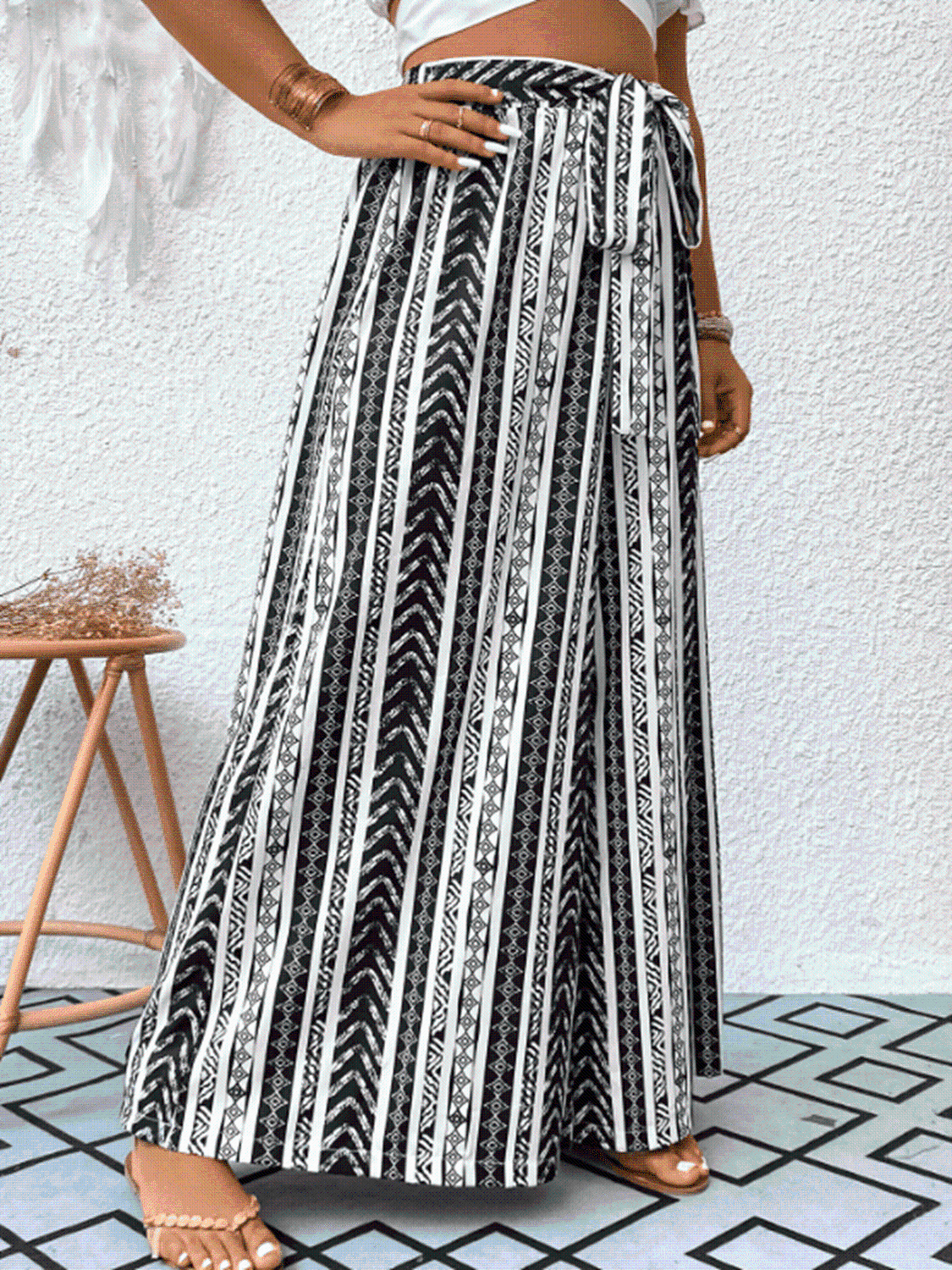 Plus Size Striped Tied Wide Leg Pants