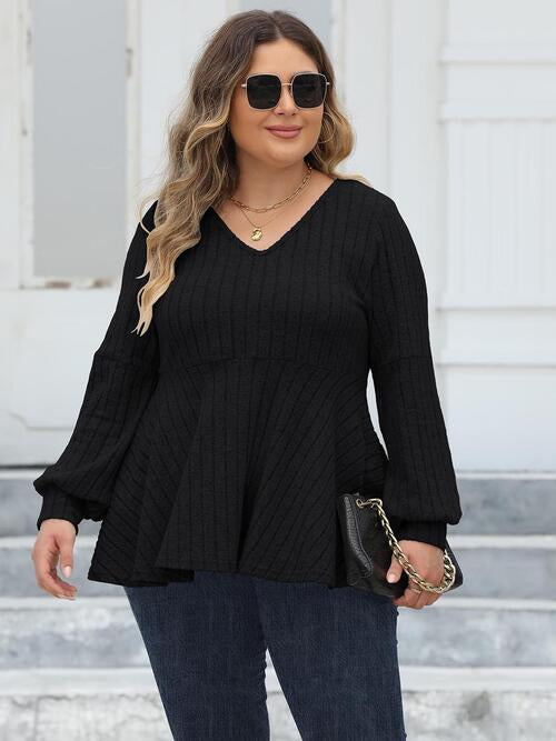 Plus Size Ribbed V-Neck Long Sleeve Blouse