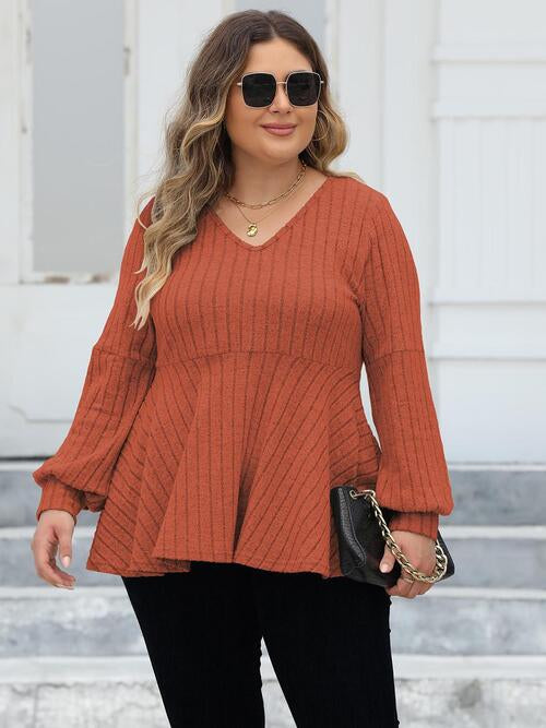 Plus Size Ribbed V-Neck Long Sleeve Blouse