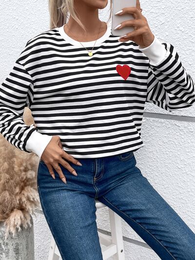 Heart Patch Black and White Striped Sweatshirt