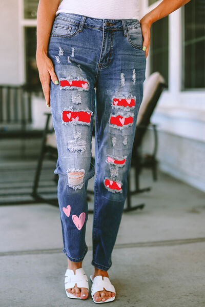 Rebel Love Heart Patch Distressed Jeans