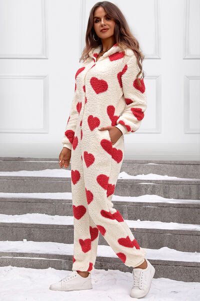 Fuzzy Heart Zip Up Hooded Onesie PJ's