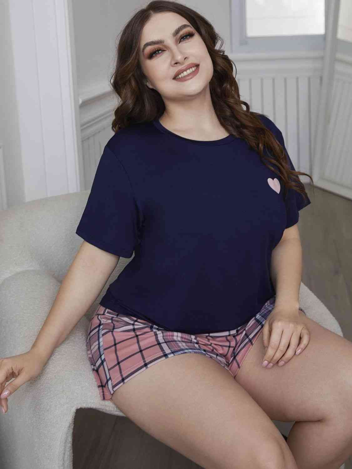 Plus Size Heart Plaid Shorts PJ set