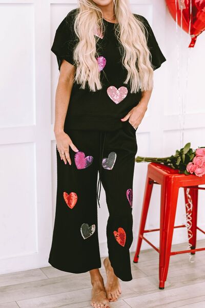 Heart Sequin Short Sleeve Top and Drawstring Pants PJ set